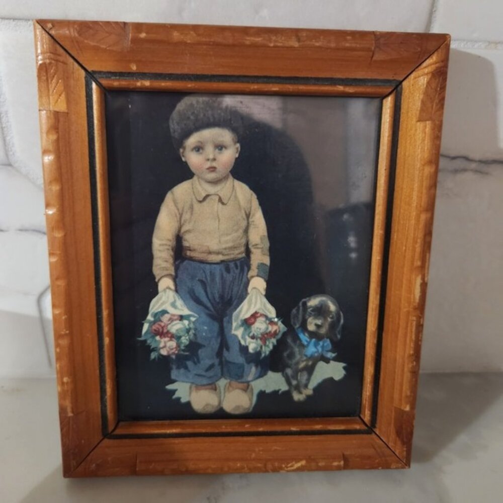 Antique 1940s Framed Print Boy With Puppy Flowers Retro Wall Art Decor